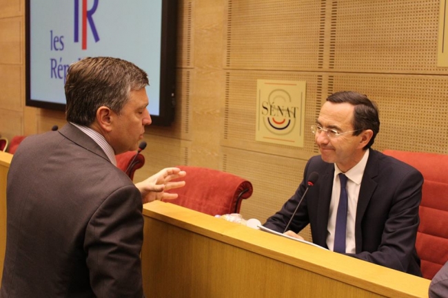 Albéric de Montgolfier, Rapporteur général du Budget, et Bruno Retailleau, Président du groupe les Républicains, ce matin avant la réunion de groupe